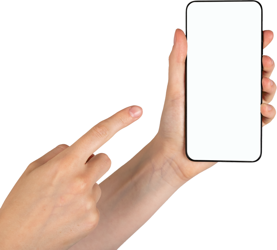 Forefinger pointing to phone mockup isolated on white background. Android template with blank display. Female presenting data in smartphone.